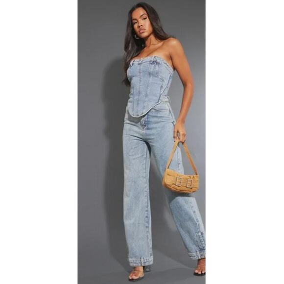 PrettyLittleThing Light Blue Wash Jean Waistband Detail Denim Corset Top Size 24 - Picture 2 of 5
